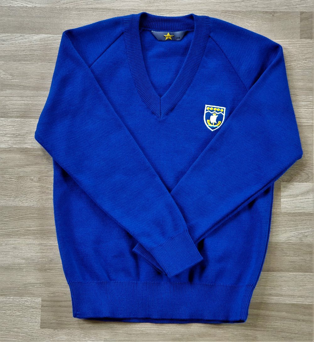 Roseland Royal Blue V Neck Jumper with Embroidered logo for students in